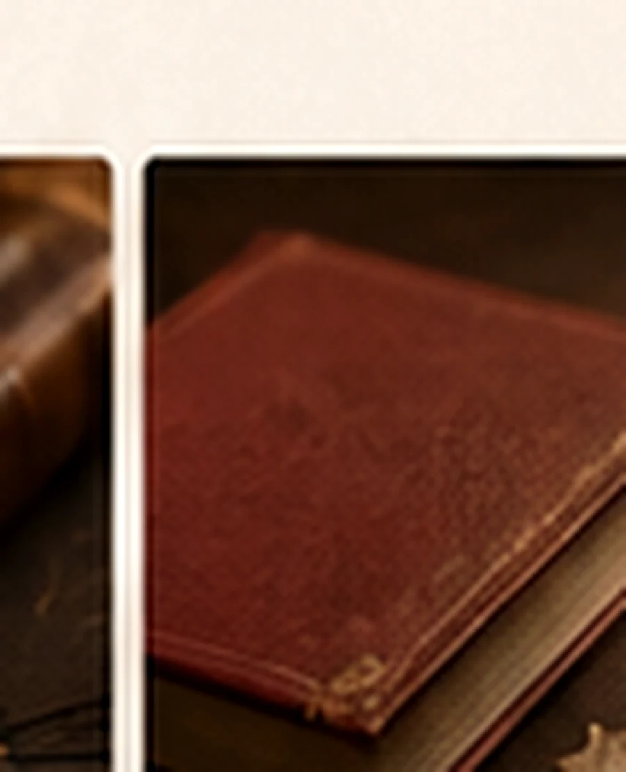 Livre à couverture rouge posé sur une table de relieur